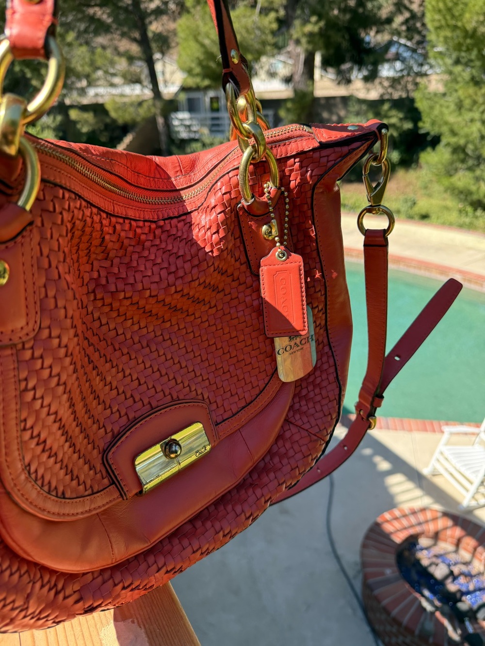 🍂 Coach Kristin Woven Leather Satchel Crossbody Burnt Orange F23048